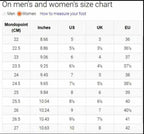 Men's and women's shoe size chart showing Mondopoint in CM, inches, and corresponding US, UK, and EU sizes for footwear sizing.