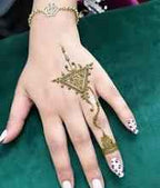 Moroccan Henna Tattoo on a hand featuring a triangular geometric pattern in brown henna with detailed dots and lines.