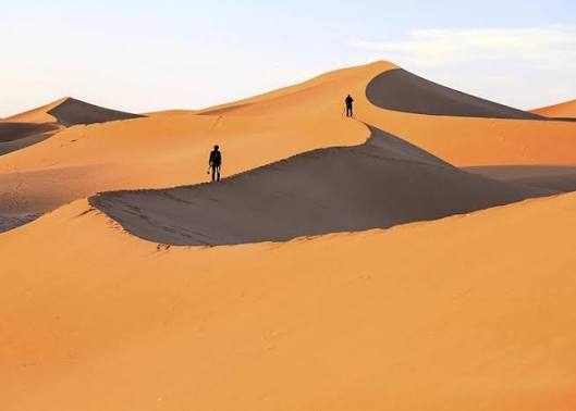 Overnight Stay with Nomadic People featuring two individuals walking on vast golden sand dunes in the Sahara desert under a clear sky