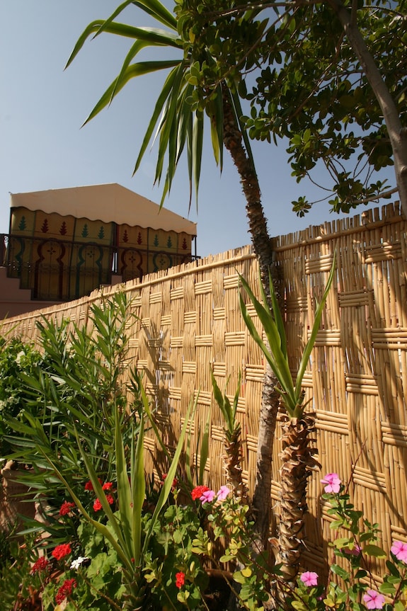 Riad Africa Marrakech with a woven bamboo fence, tall green palm trees, and red and pink flowering plants under a clear blue sky