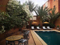 Outdoor pool area at Riad Bouchedor in Ouarzazate with terracotta walls, white flowering bushes, palm trees, lounge chairs and mosaic table