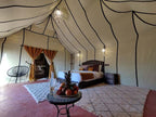 Sahara dunes Luxury Camp tent bedroom with cream and black striped fabric walls, elephant pattern rugs, a brown leather tufted bed, and a round blue table with fruit and a bottle
