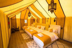 Sahara dunes Luxury Camp spacious tent interior with yellow and cream canvas walls, three beds with orange throws and hanging lanterns