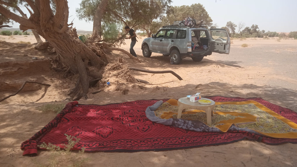 Sahara Trek Camp setup with colorful red and yellow patterned rugs on sandy ground under a large tree with a silver SUV nearby and a person attending to the outdoor area
