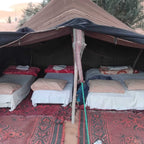 Sahara Wild Camp with brown fabric tent housing five beds with white sheets and beige and red pillows on patterned red rugs