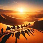 Camel caravan casting long shadows on golden sand dunes under an orange sunset sky in the Sahara desert, Sandboarding and Watching the Sunset experience