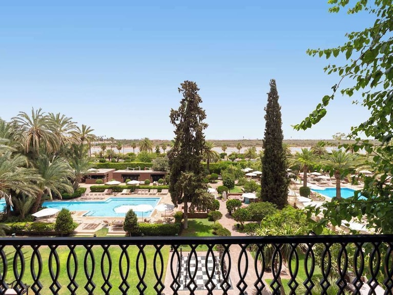 Sofitel Marrakech Palais Imperial & Spa outdoor pool area with turquoise pools, lush green palm trees, and garden seating under clear blue sky
