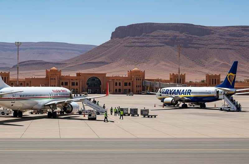 Airport runway with two parked commercial airplanes near a tan-colored terminal building and mountainous desert landscape, ideal for Taxi Transfer from Errachidia Airport.