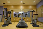 Fitness room at Timoulay Hotel & Spa Agadir featuring a treadmill, stationary bikes, and purple walls with large mirror