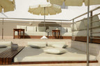 Outdoor lounge area at Timoulay Hotel & Spa Agadir featuring beige cushioned seating, wooden tables, and large cream umbrellas