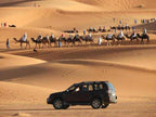 Tinghir to Merzouga camel caravan trekking with riders in traditional attire on golden sand dunes near desert SUV vehicle