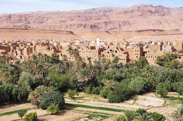 Traditional mud brick village with green palm trees and fields in front of arid rocky mountains under a clear sky, illustrating Tinghir to Merzouga route